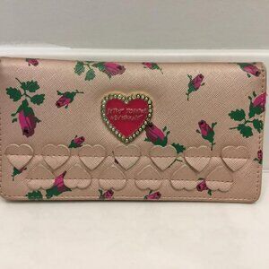 Betsey Johnson Blush Pink Floral Bifold Wallet with Heart Details Snap Closure